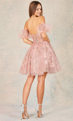 Adora Design 1028 - Shimmer Embroidered Puff Sleeve Mini Dress