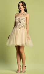 Adora Design 1054 - Asymmetric Neckline Floral Applique Short Dress