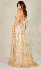Adora Design 3137 - Long V-Neckline Floral Embroidered Dress