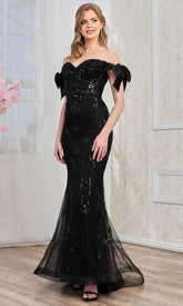 Adora Design 3307 - Off Shoulder Bow Sleeve Sparkling Gown