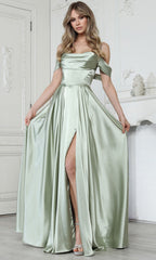 Adora Design 3343 - Off Shoulder Sleek Prom Gown with Slit