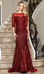 Adora Design 3354-03 - Embroidered Three-Quarter Sleeve Formal Gown