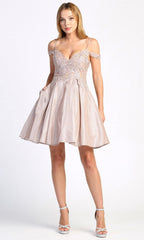 Adora Design 1010 - Embroidered Pleated A-Line Short Dress