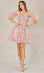 Adora Design 1028 - Shimmer Embroidered Puff Sleeve Mini Dress