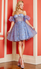 Adora Design 1028 - Shimmer Embroidered Puff Sleeve Mini Dress