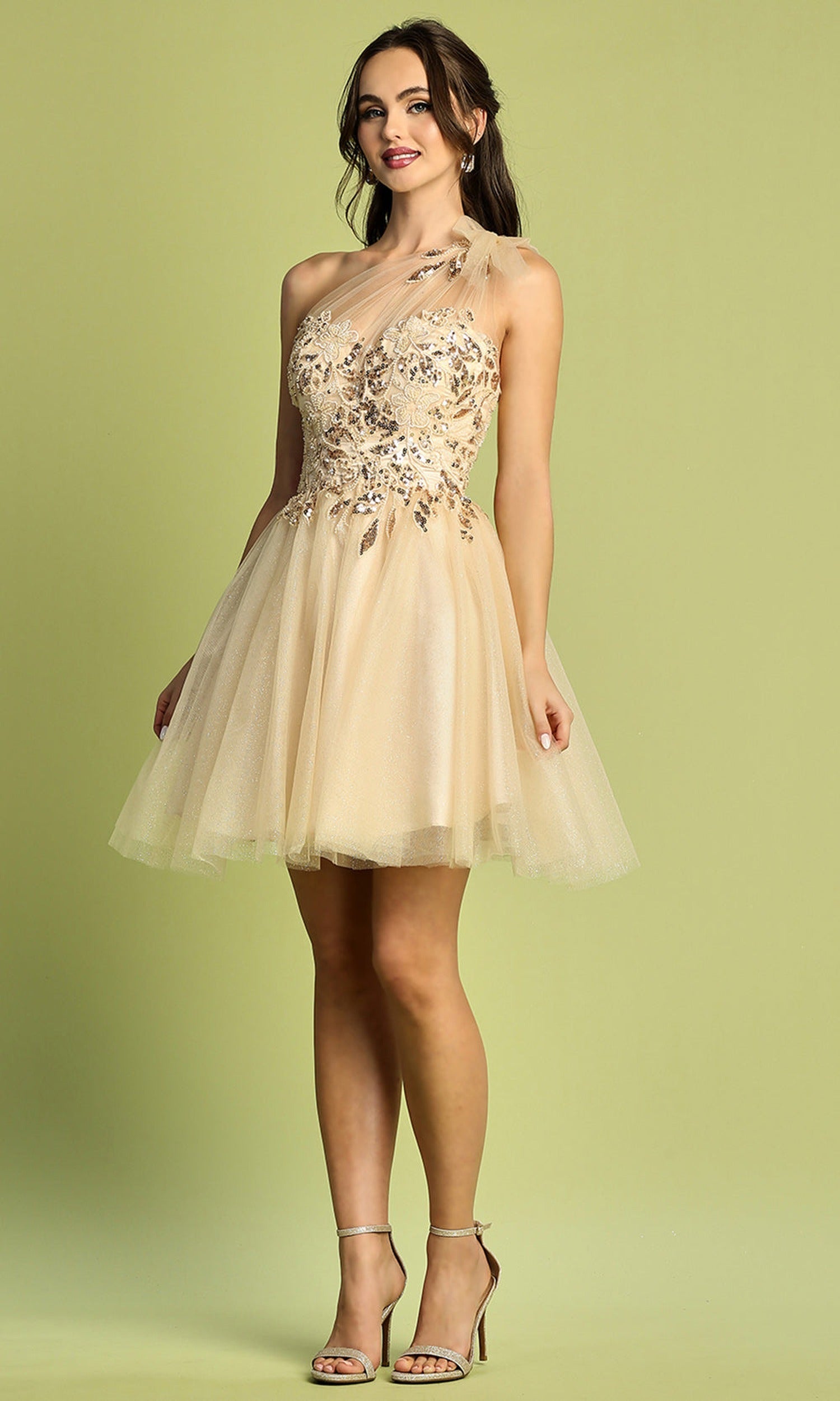 Adora Design 1054 - Asymmetric Neckline Floral Applique Short Dress