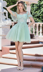 Adora Design 1078 - Flutter Sleeve Embroidered Short Dress