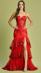 Adora Design 3221 - Scalloped Hem Floral Applique Prom Dress