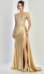 Adora Design 3281 - Off Shoulder Corset Long Gown with Side Drape
