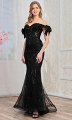 Adora Design 3307 - Off Shoulder Bow Sleeve Sparkling Gown