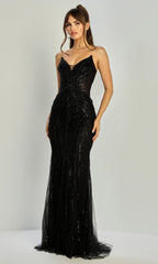 Adora Design 3311 - Linear Beadwork Deep V-Neck Long Gown
