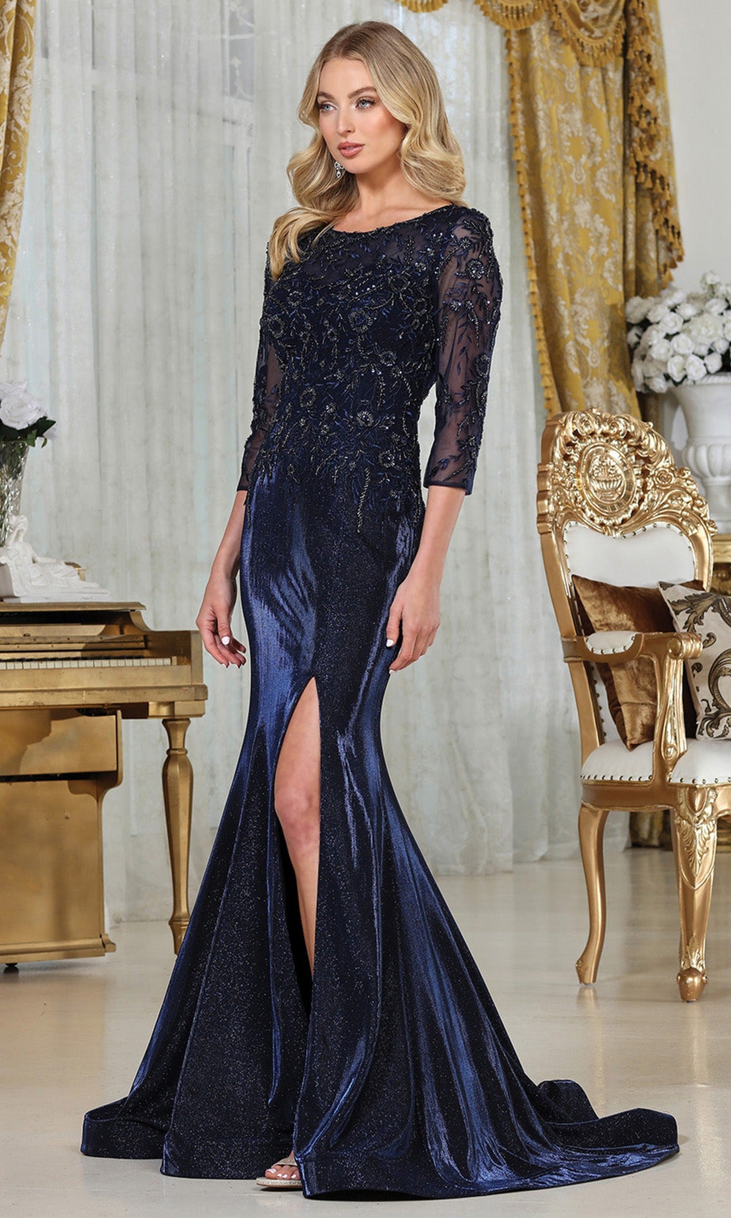 Adora Design 3315-03 - Beaded Lace Illusion Sleeve Formal Gown