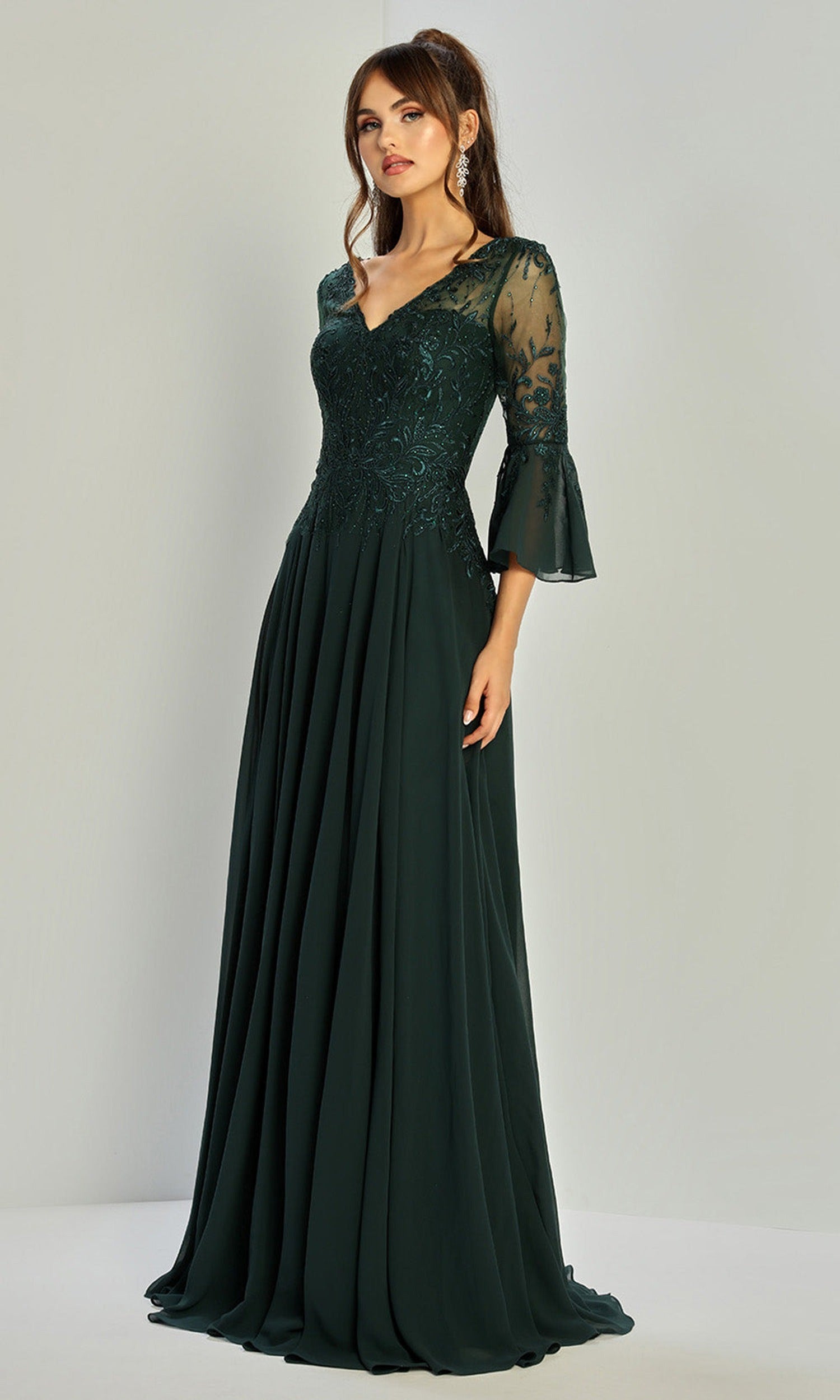 Adora Design 3317-03 - Three-Quarter Bell Sleeve Beaded Formal Gown