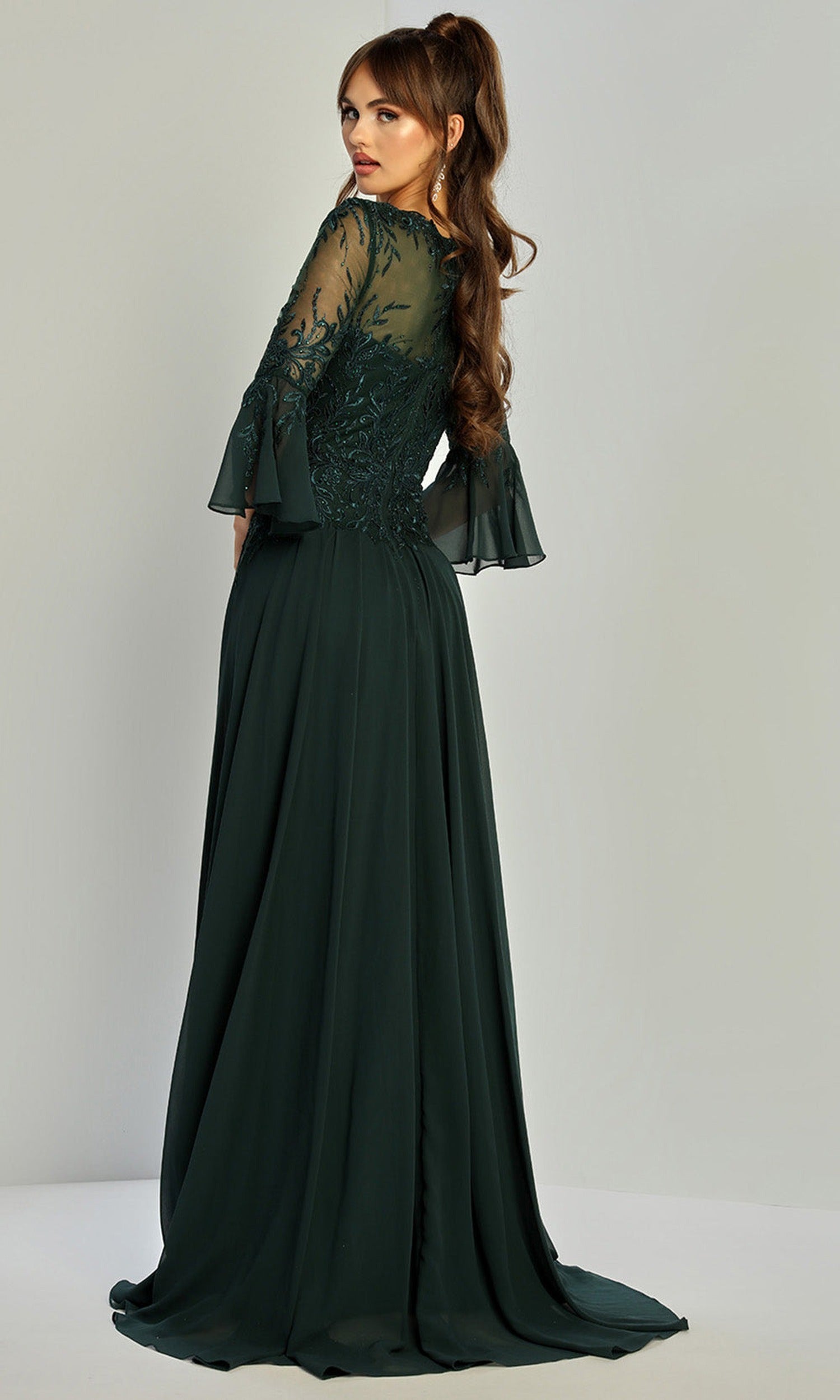 Adora Design 3317-03 - Three-Quarter Bell Sleeve Beaded Formal Gown