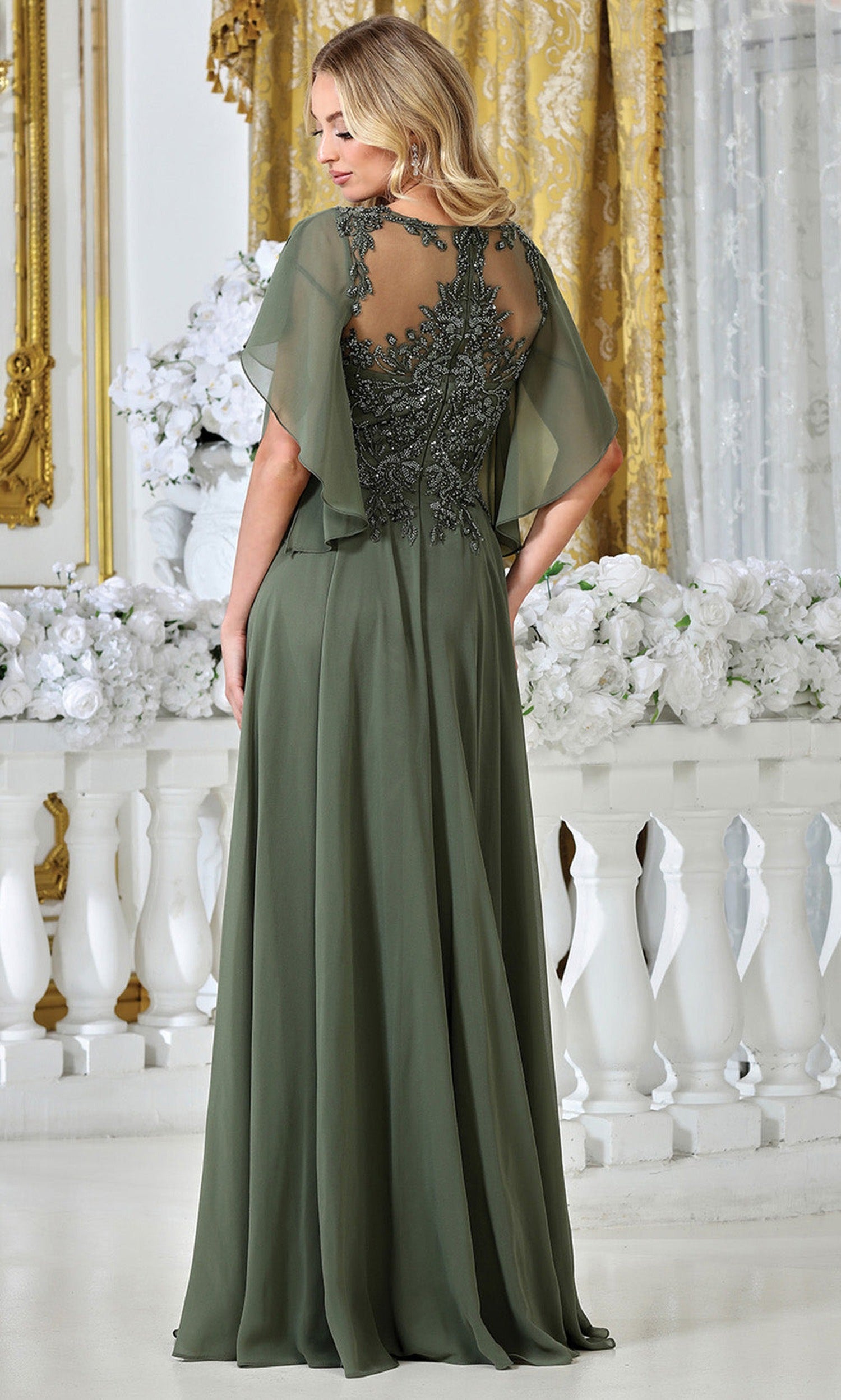Adora Design 3318-03 - Beaded Lace Flutter Sleeve Formal Gown