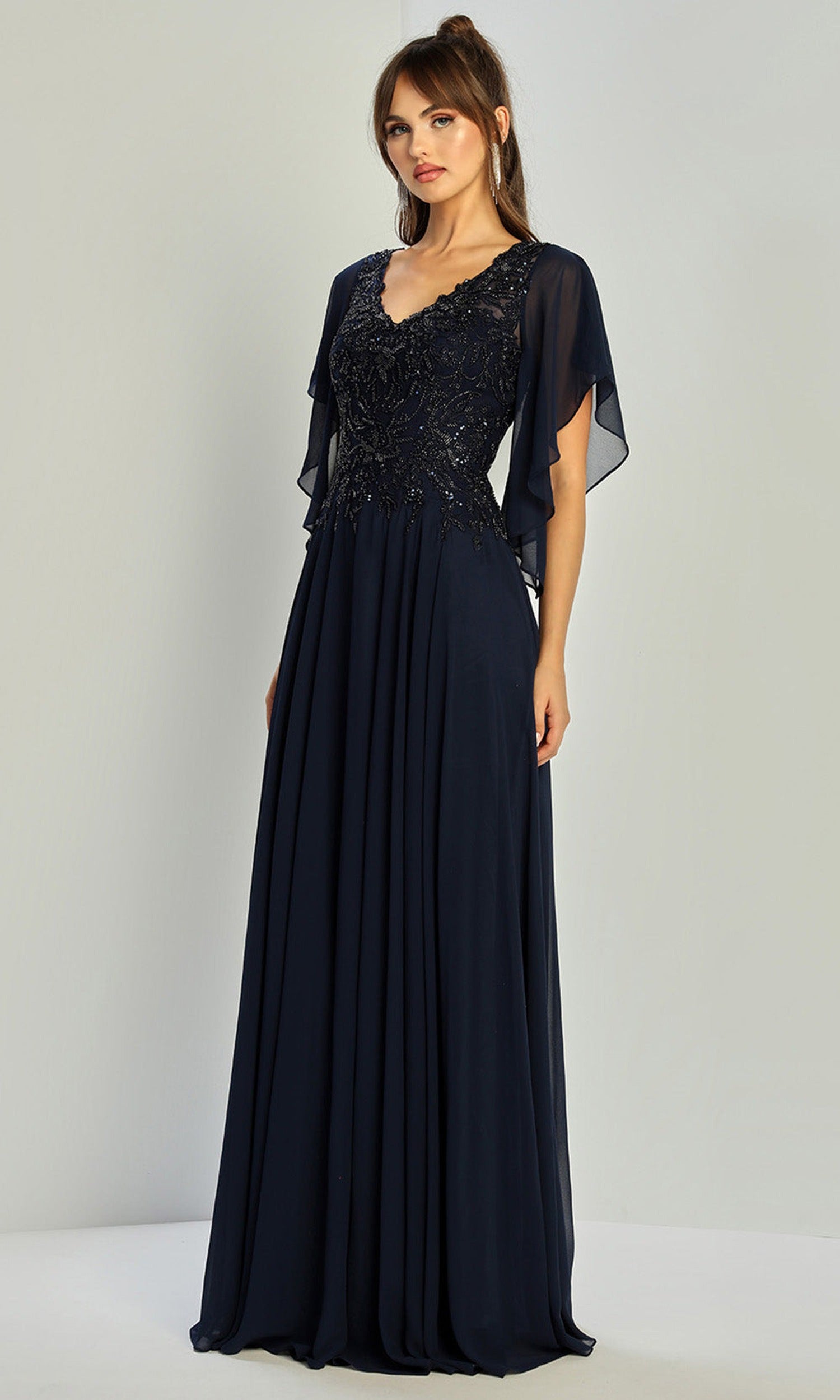 Adora Design 3318-03 - Beaded Lace Flutter Sleeve Formal Gown