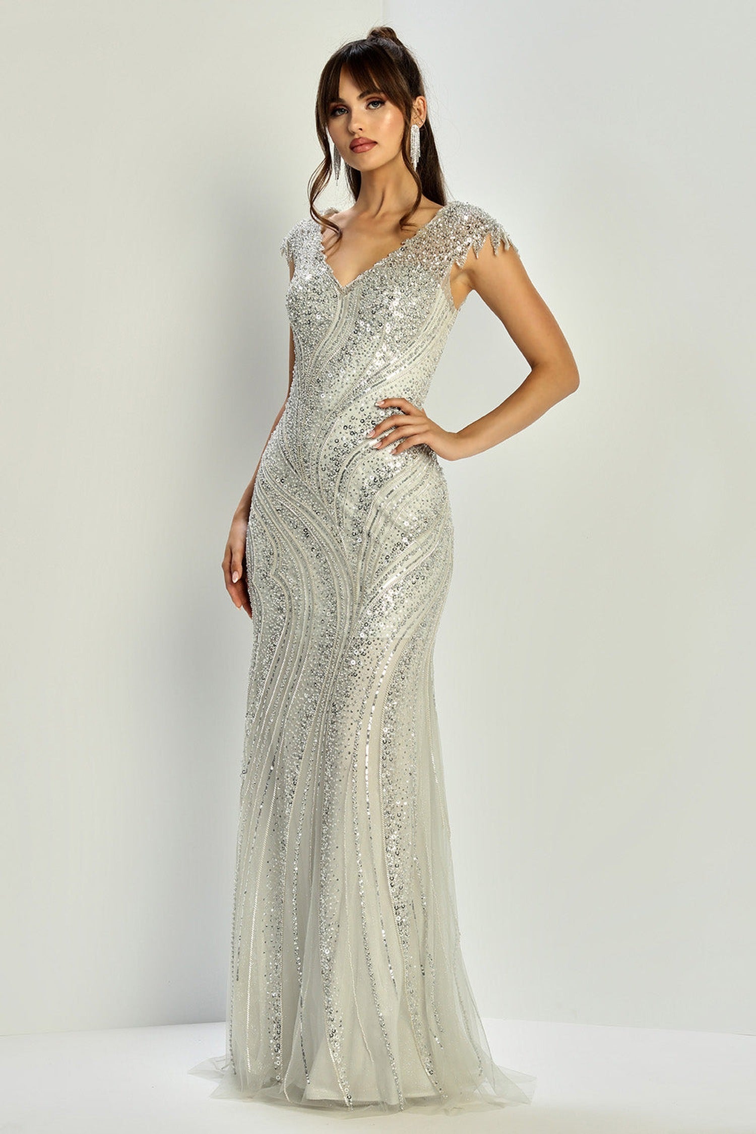 Adora Design 3332-03 - Shimmer Cap Sleeve Formal Gown