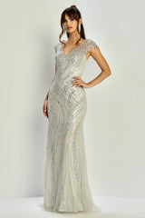 Adora Design 3332-03 - Shimmer Cap Sleeve Formal Gown