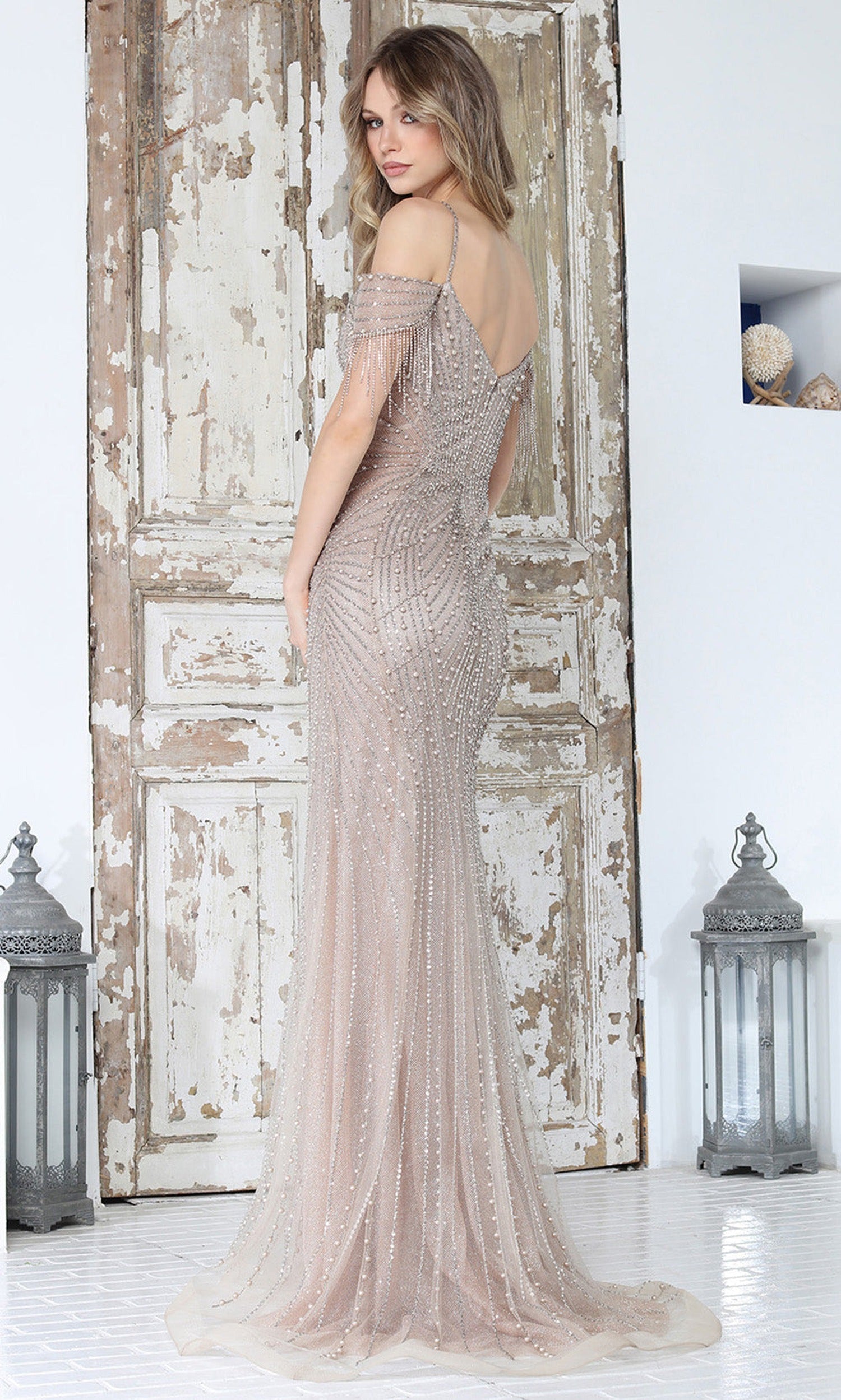 Adora Design 3342 - Fringed Sleeve Sheath Evening Gown