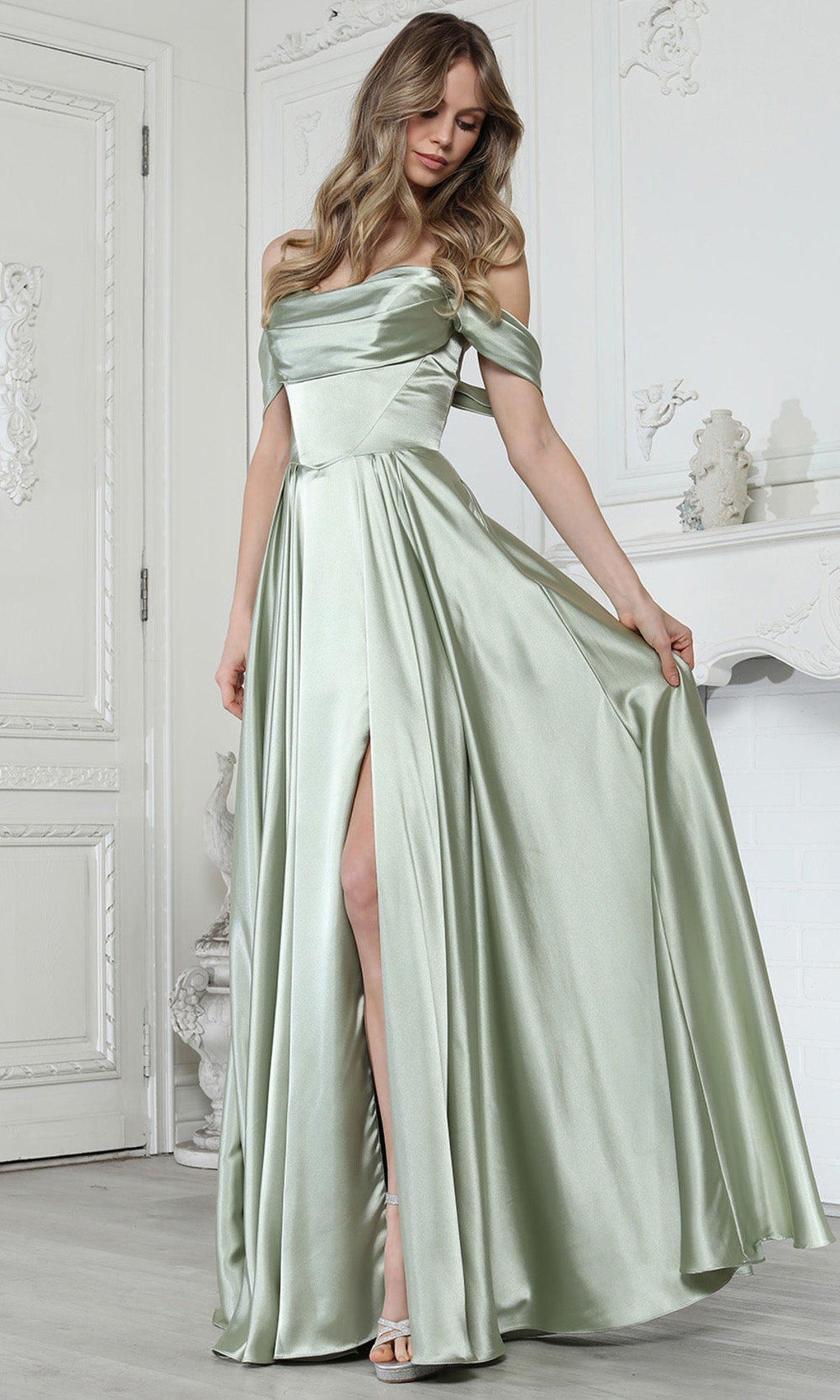 Adora Design 3343 - Off Shoulder Sleek Prom Gown with Slit