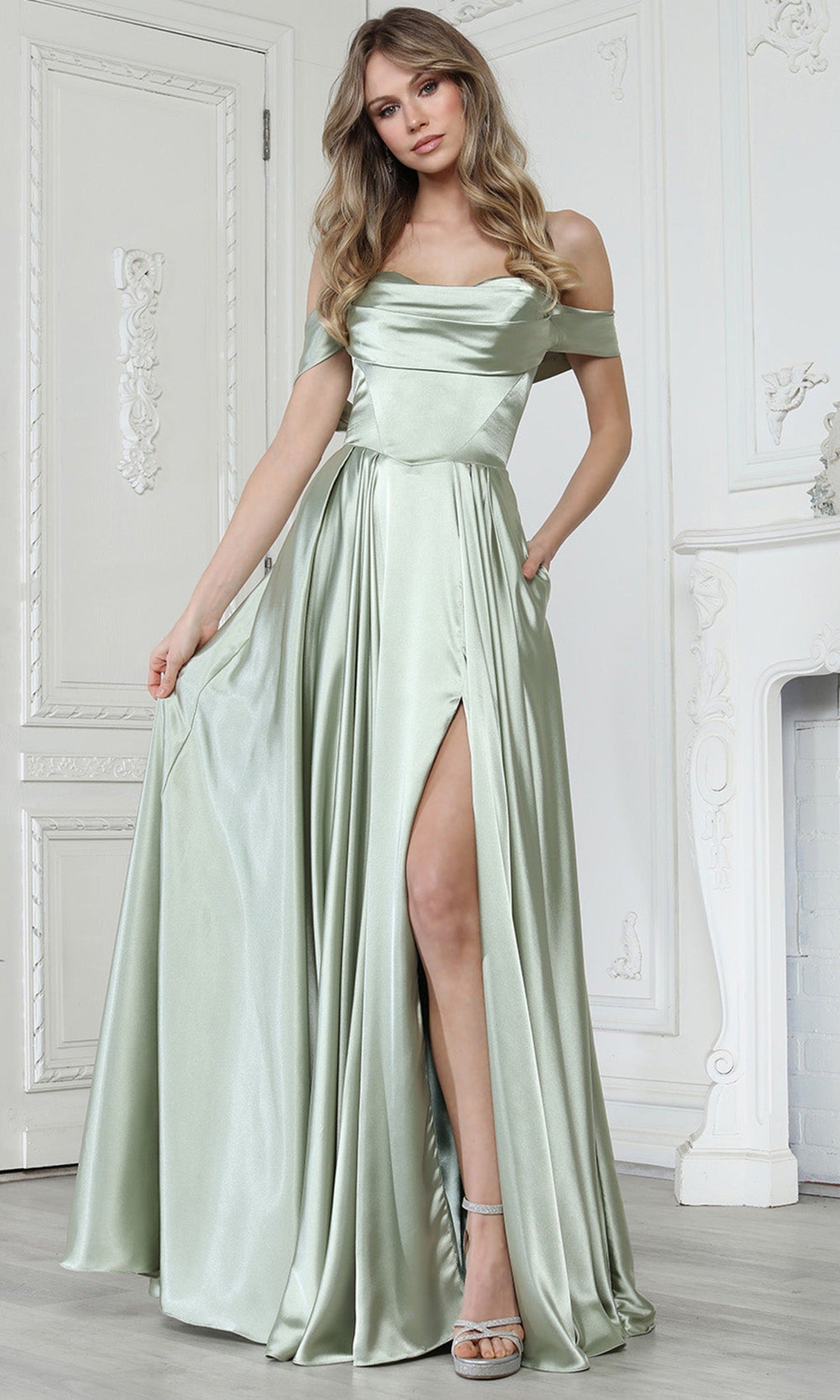 Adora Design 3343 - Off Shoulder Sleek Prom Gown with Slit