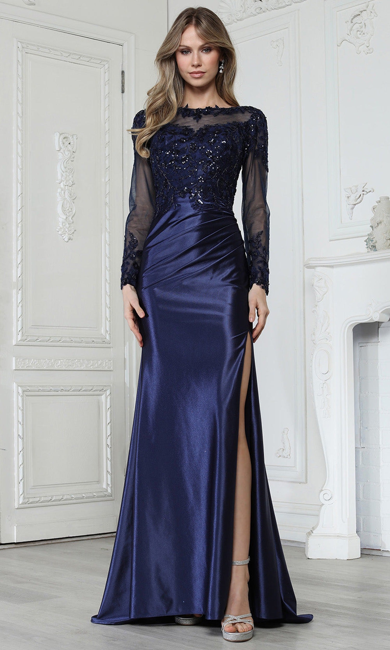 Adora Design 3348-03 - Illusion Long Sleeve Embellished Formal Gown