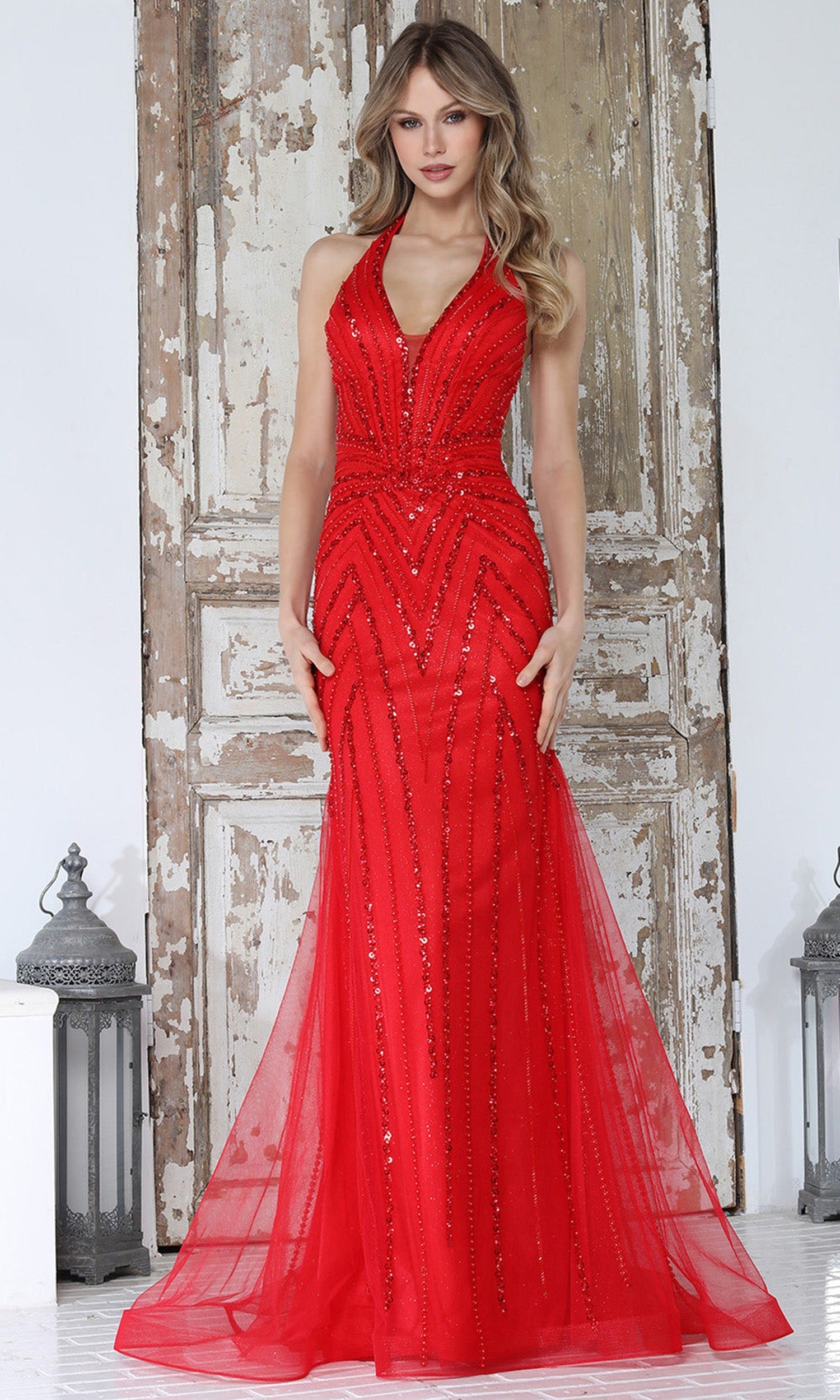 Adora Design 3350 - Cutout Lace-Up Back Beaded Prom Gown