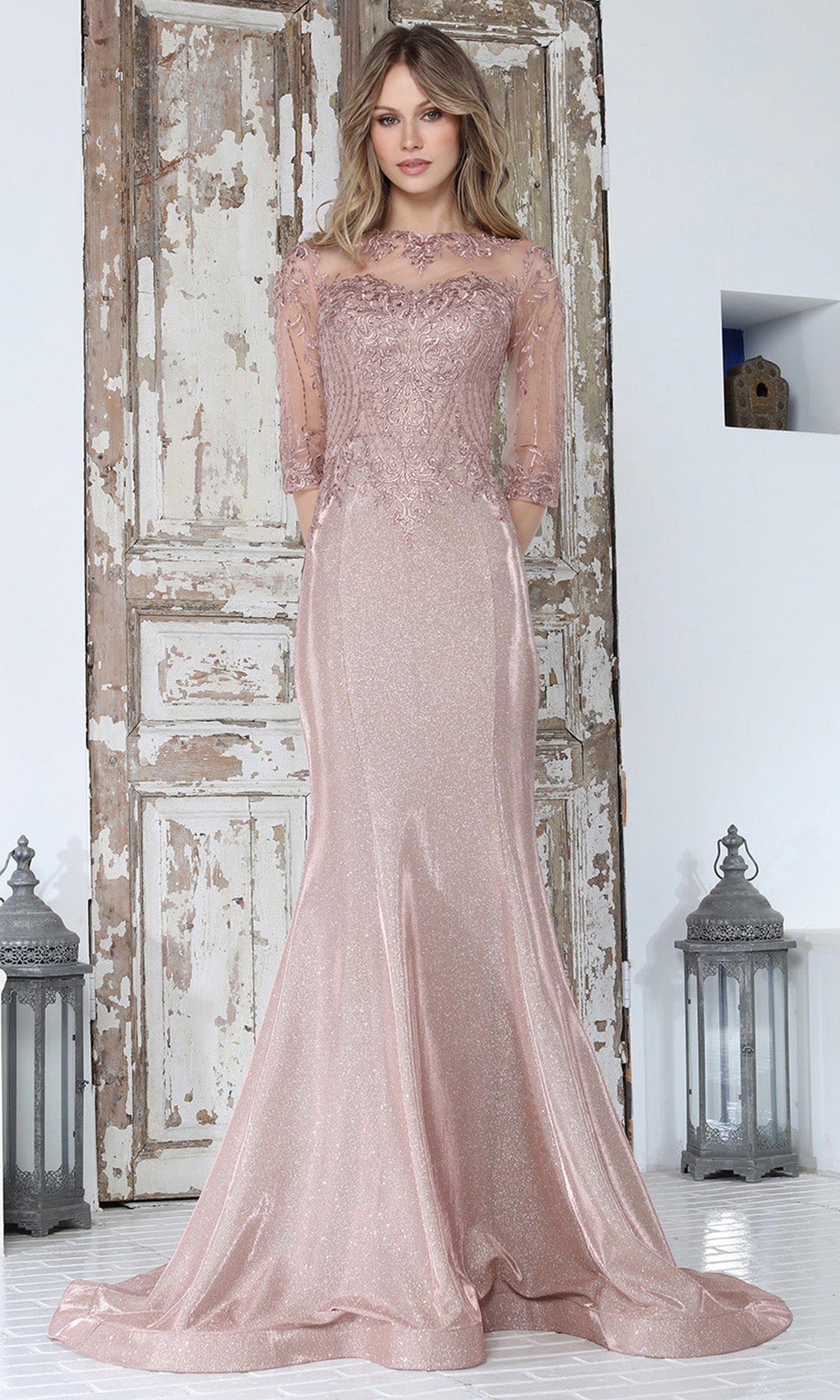 Adora Design 3354-03 - Embroidered Three-Quarter Sleeve Formal Gown