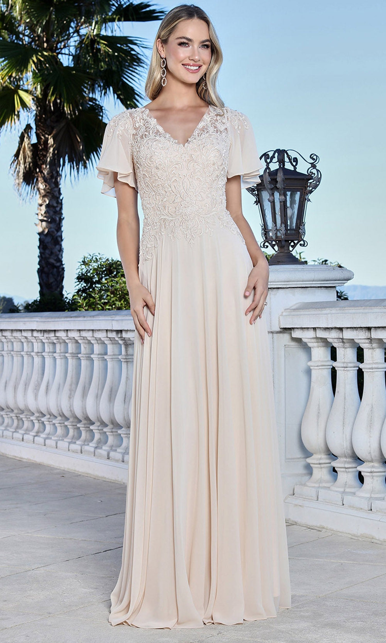 Adora Design 3356-03 - Lace Applique Flutter Sleeve Formal Gown