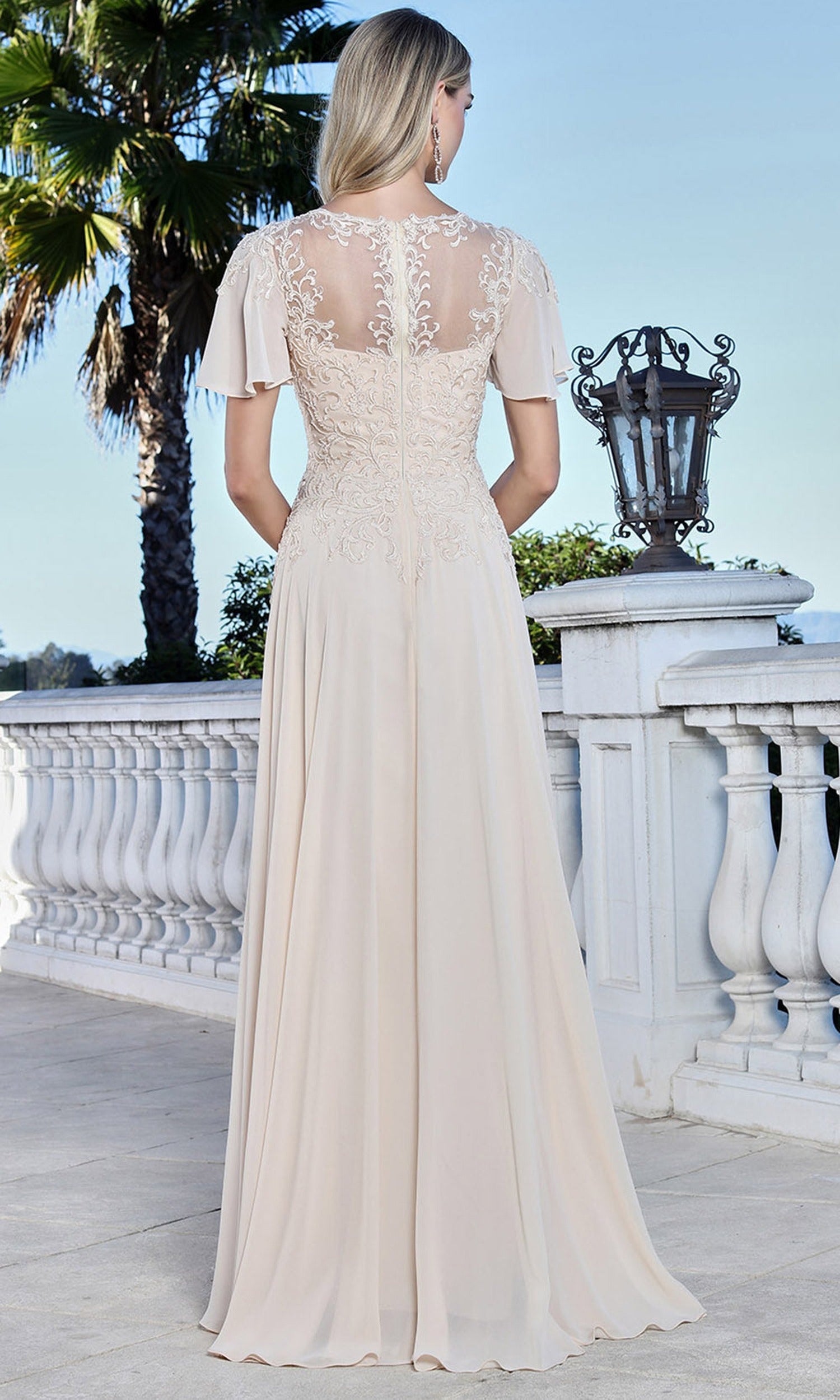 Adora Design 3356-03 - Lace Applique Flutter Sleeve Formal Gown