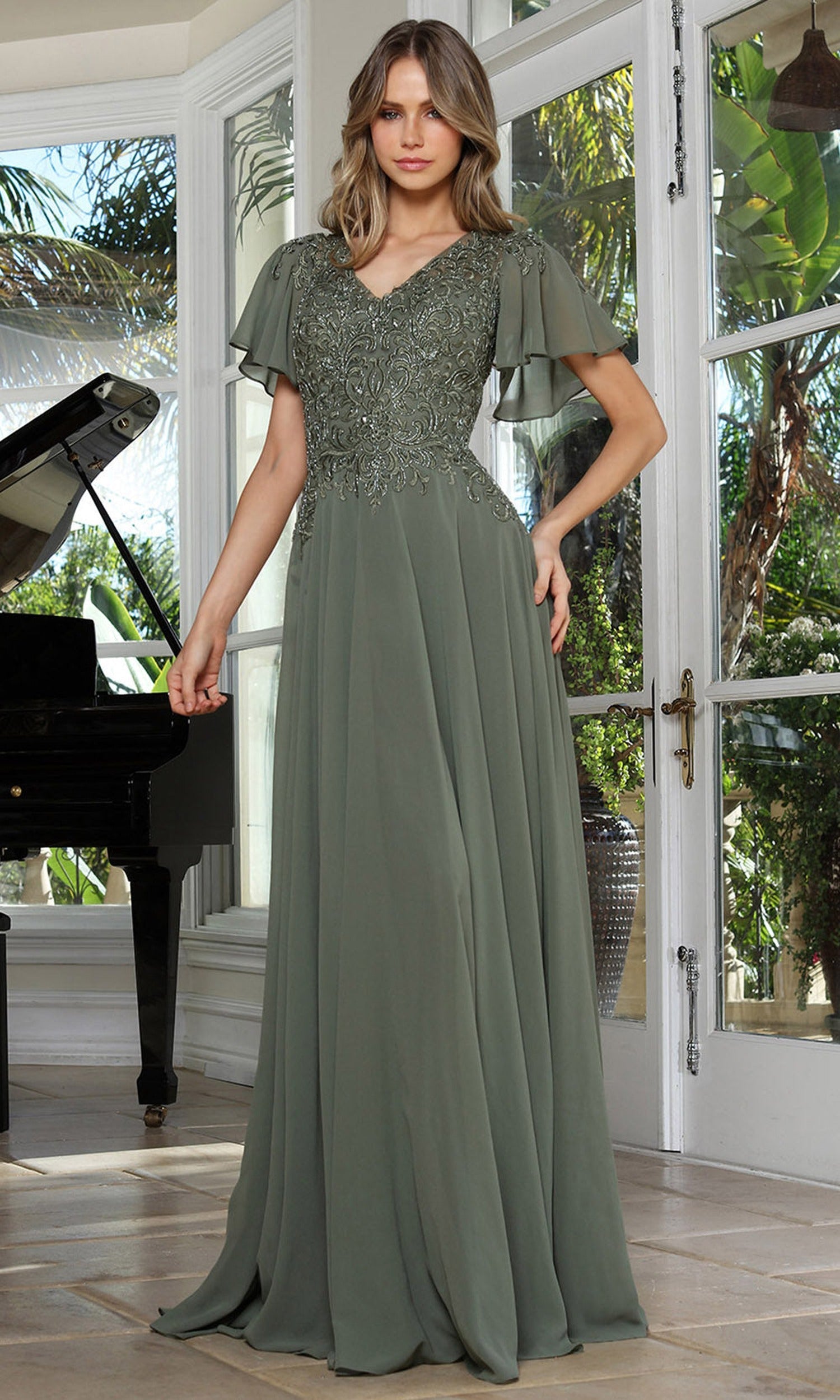 Adora Design 3356-03 - Lace Applique Flutter Sleeve Formal Gown
