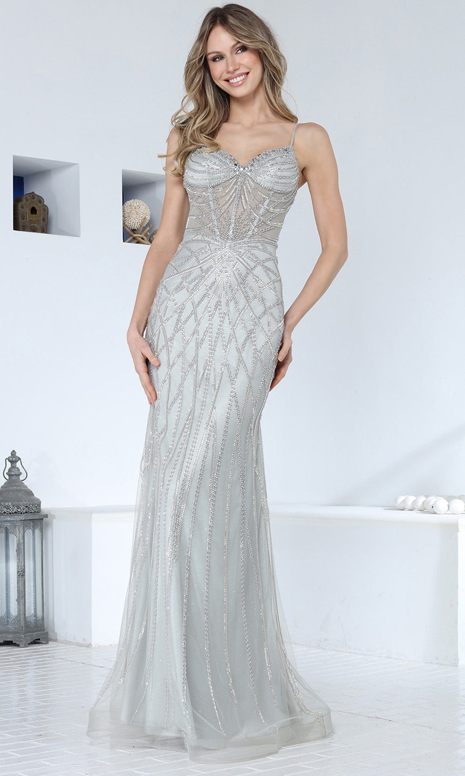 Adora Design 3361 - Geometric Beaded Spaghetti Strap Prom Gown