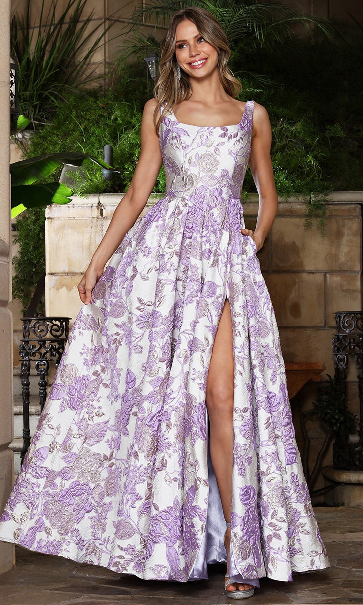 Adora Design 3379 - Floral Square Neck Evening Gown