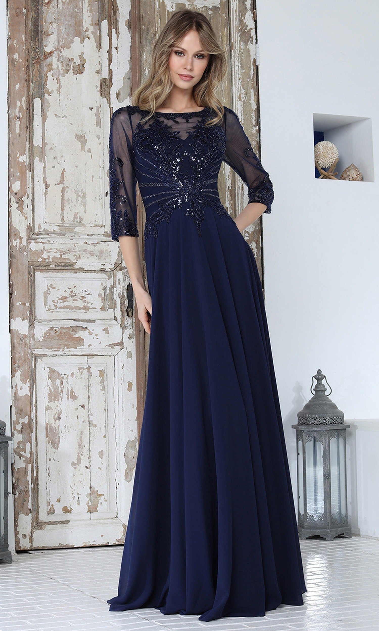 Adora Design 3382-03 - Illusion Sleeve A-Line Formal Gown