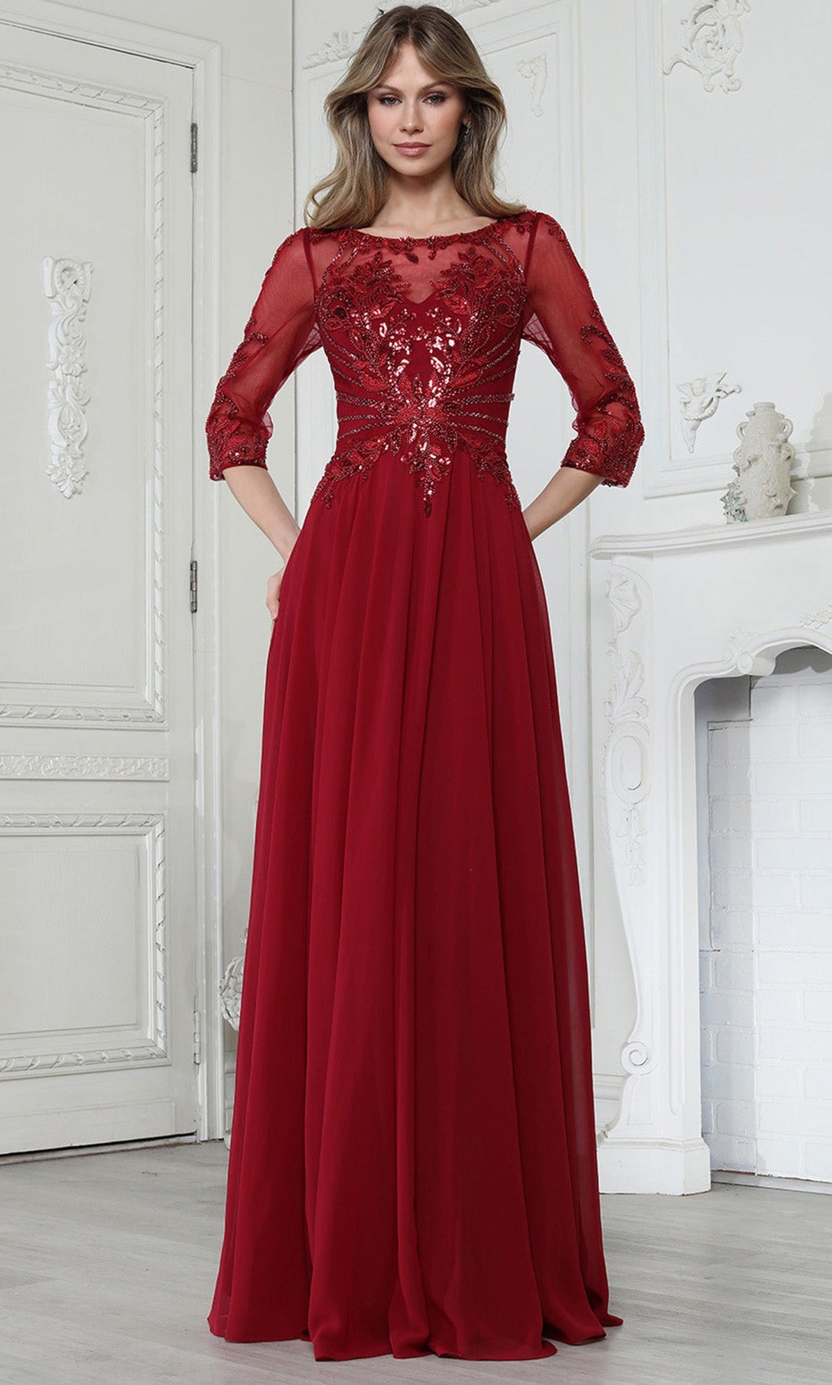 Adora Design 3382-03 - Illusion Sleeve A-Line Formal Gown