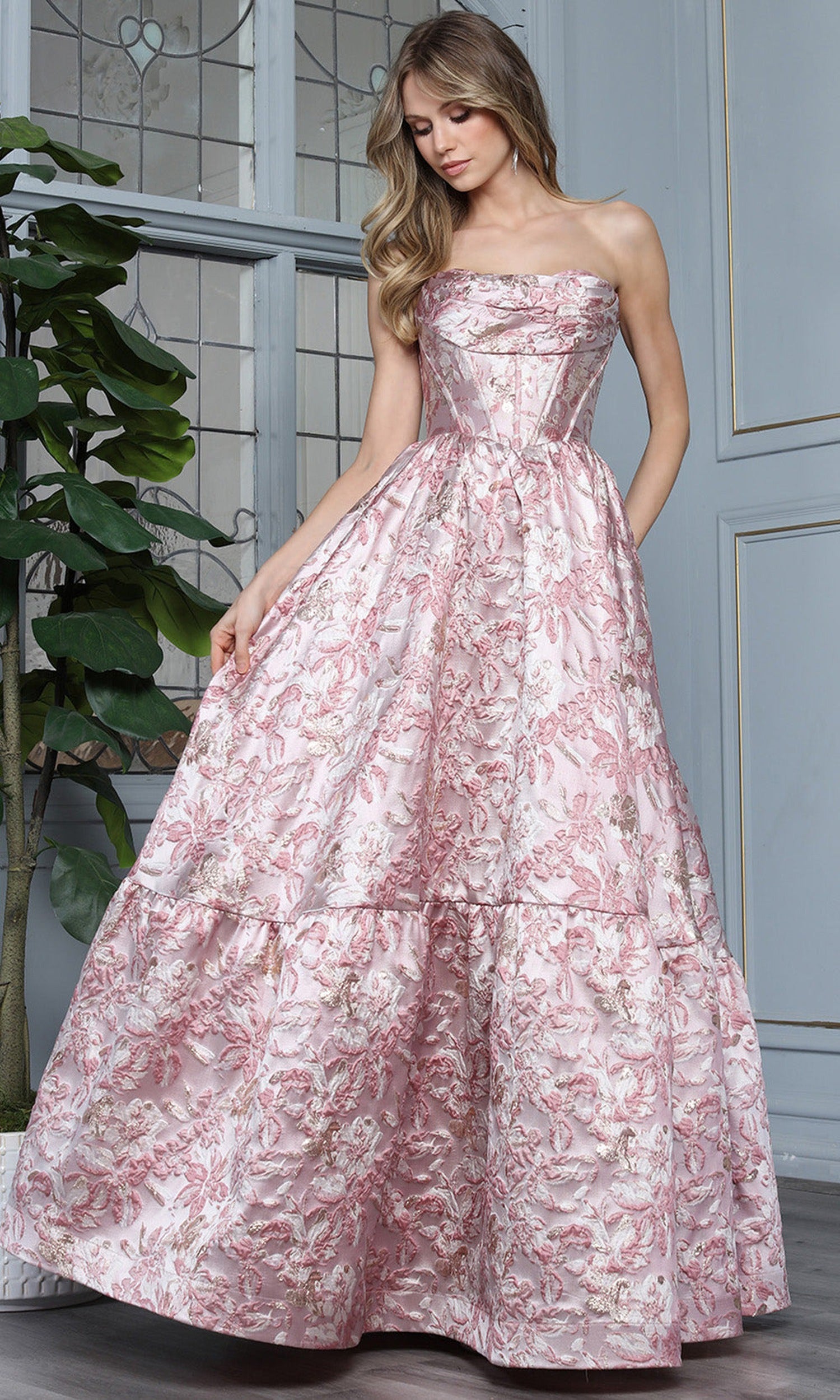 Adora Design 3384 - Floral Strapless Ballgown with Pockets