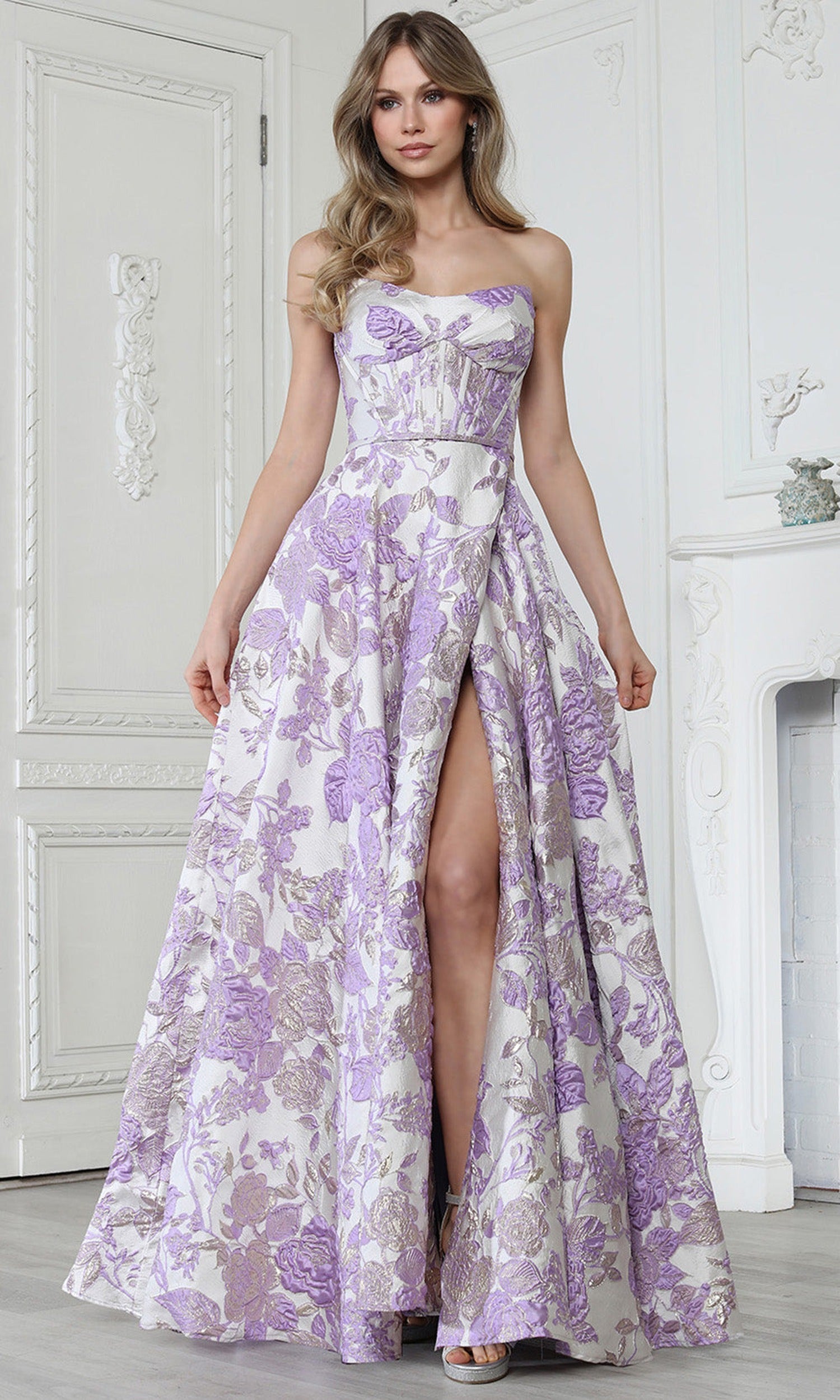 Adora Design 3397 - Floral Pattern Semi-Sweetheart Long Gown